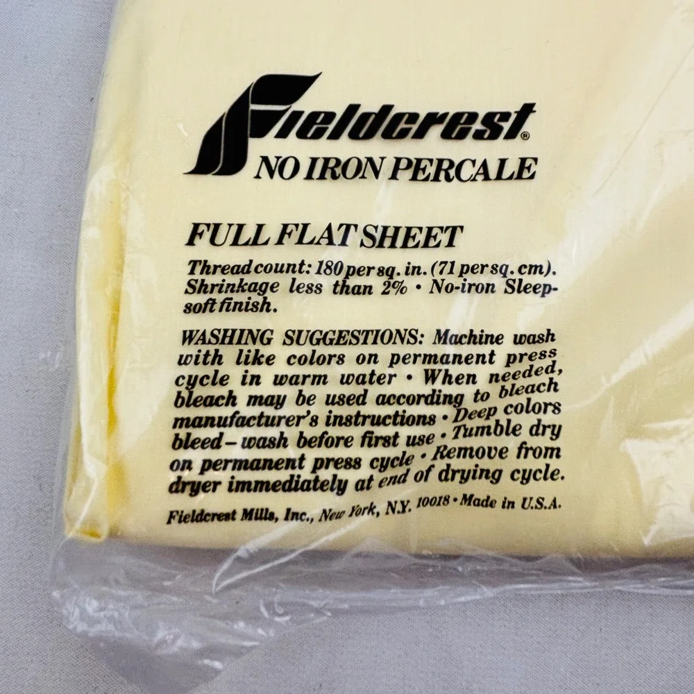 Vintage Fieldcrest Full Flat Sheet Yellow 180 Thread Count No Iron Percale USA
